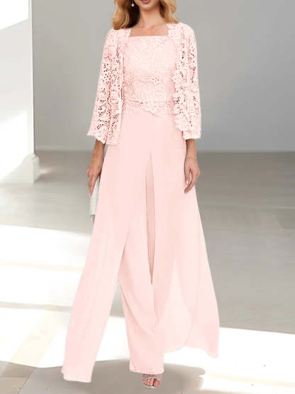 Floor-Length Square Neck Chiffon Mother of the Bride Pantsuit with Jacket & Side Split