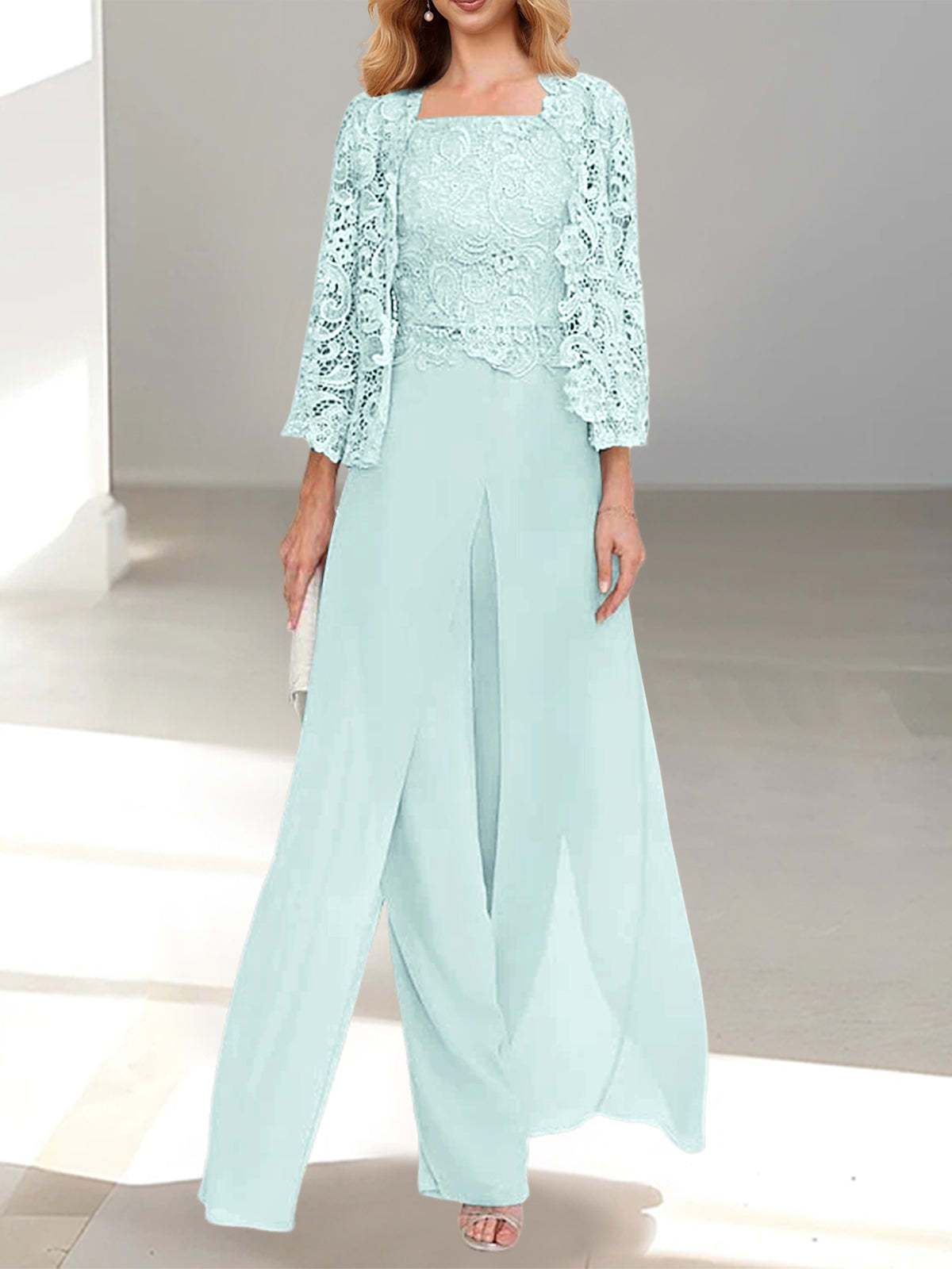 Floor-Length Square Neck Chiffon Mother of the Bride Pantsuit with Jacket & Side Split