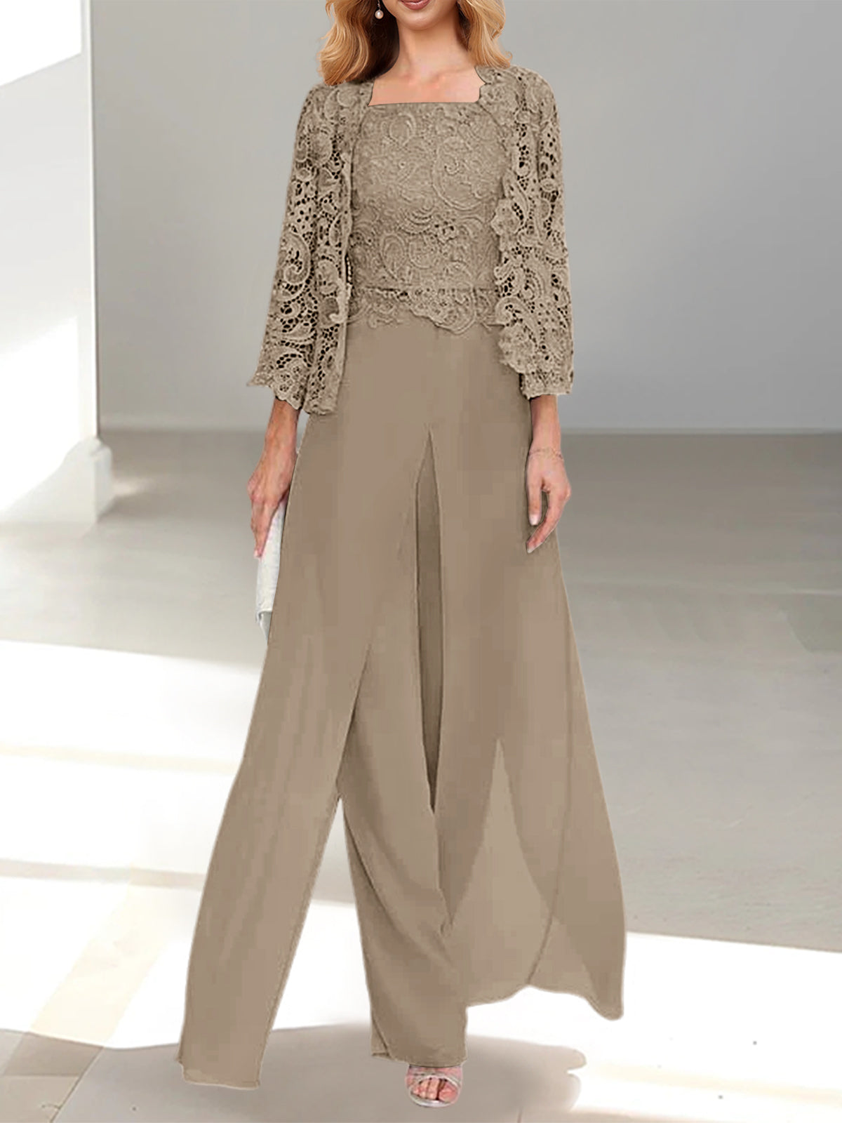 Floor-Length Square Neck Chiffon Mother of the Bride Pantsuit with Jacket & Side Split