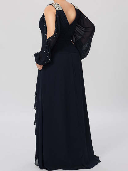 V-Neck A-Line Princess Gown for the Mother of the Bride Embellished with Rhinestones