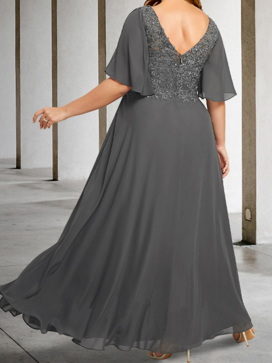 V-Neck A-Line Princess Floor-Length Mother of the Bride Dress with Applique and Half Sleeves