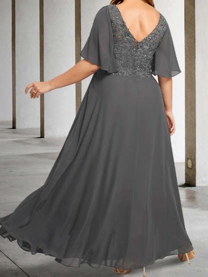 V-Neck A-Line Princess Floor-Length Mother of the Bride Dress with Applique and Half Sleeves