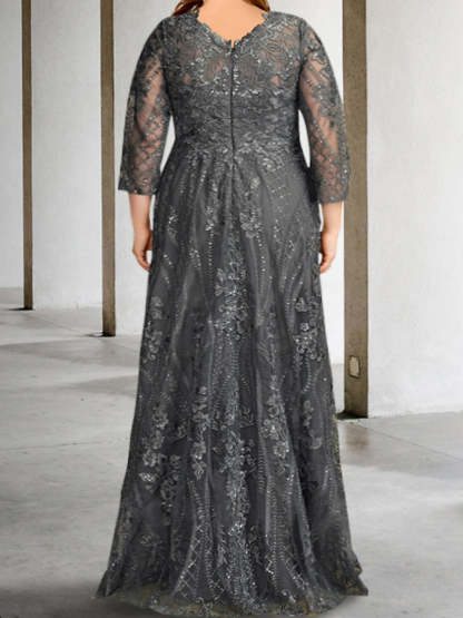 Long-Sleeve A-Line Princess Mother of the Bride Dress with Applique