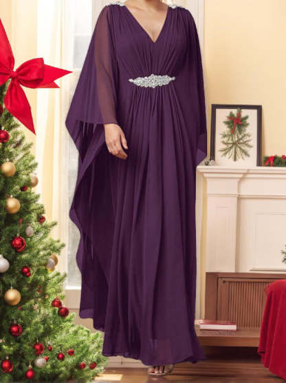 V-Neck A-Line Princess Mother of the Bride Dress with Rhinestones