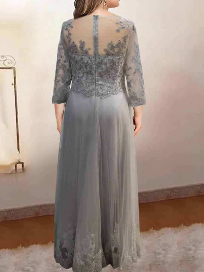 Floor-Length A-Line Mother of the Bride Dress with Sheer Neck and 3/4 Sleeves Featuring Applique