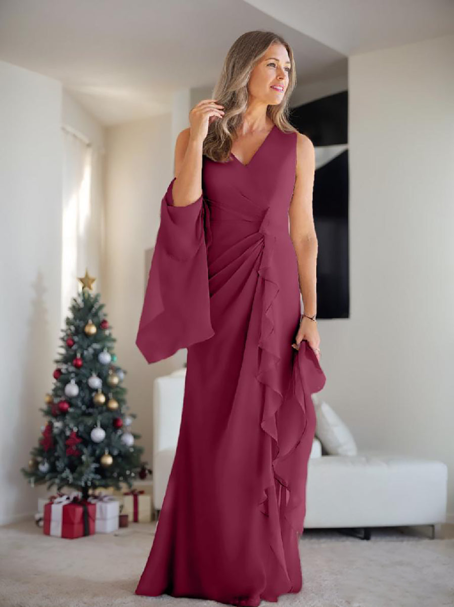 V-Neck Sleeveless Floor-Length Mother of the Bride Gown with Wraps & Ruffles