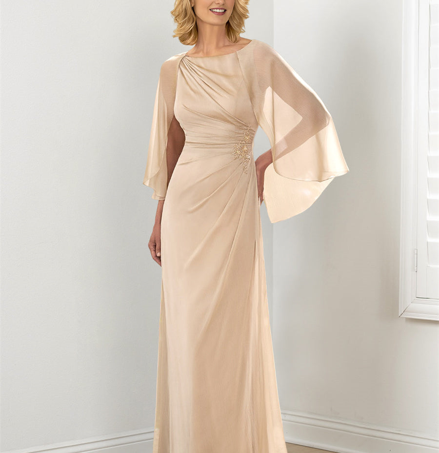 Round Neck Column Gown for Mother of the Bride with Ruched Detailing