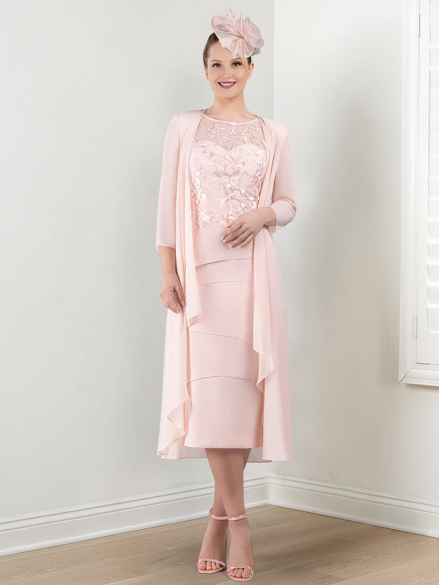 Round Neck Mother of the Bride Sheath/Column Dresses with Applique & Jacket