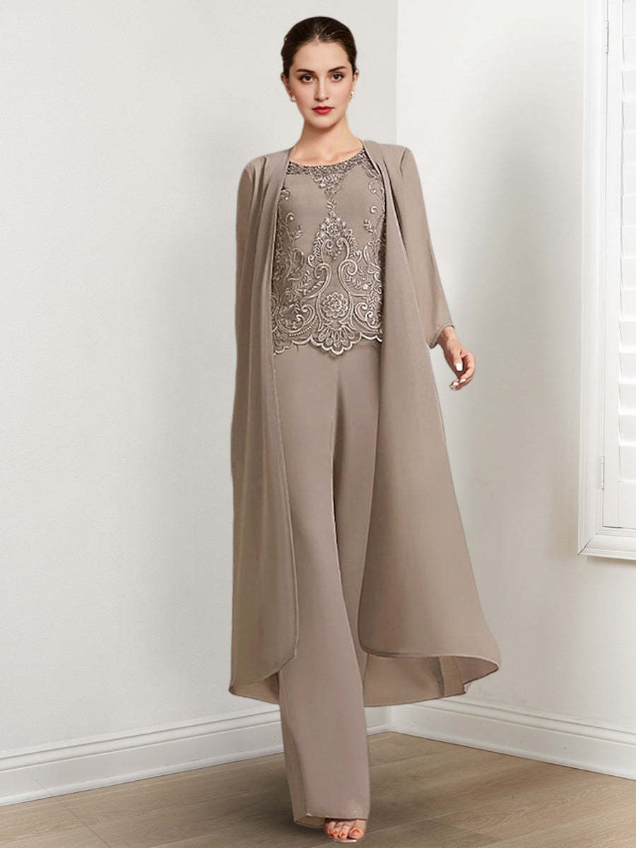 Floor-Length Round Neck Chiffon Pantsuits For The Mother Of The Bride With Jacket And Applique
