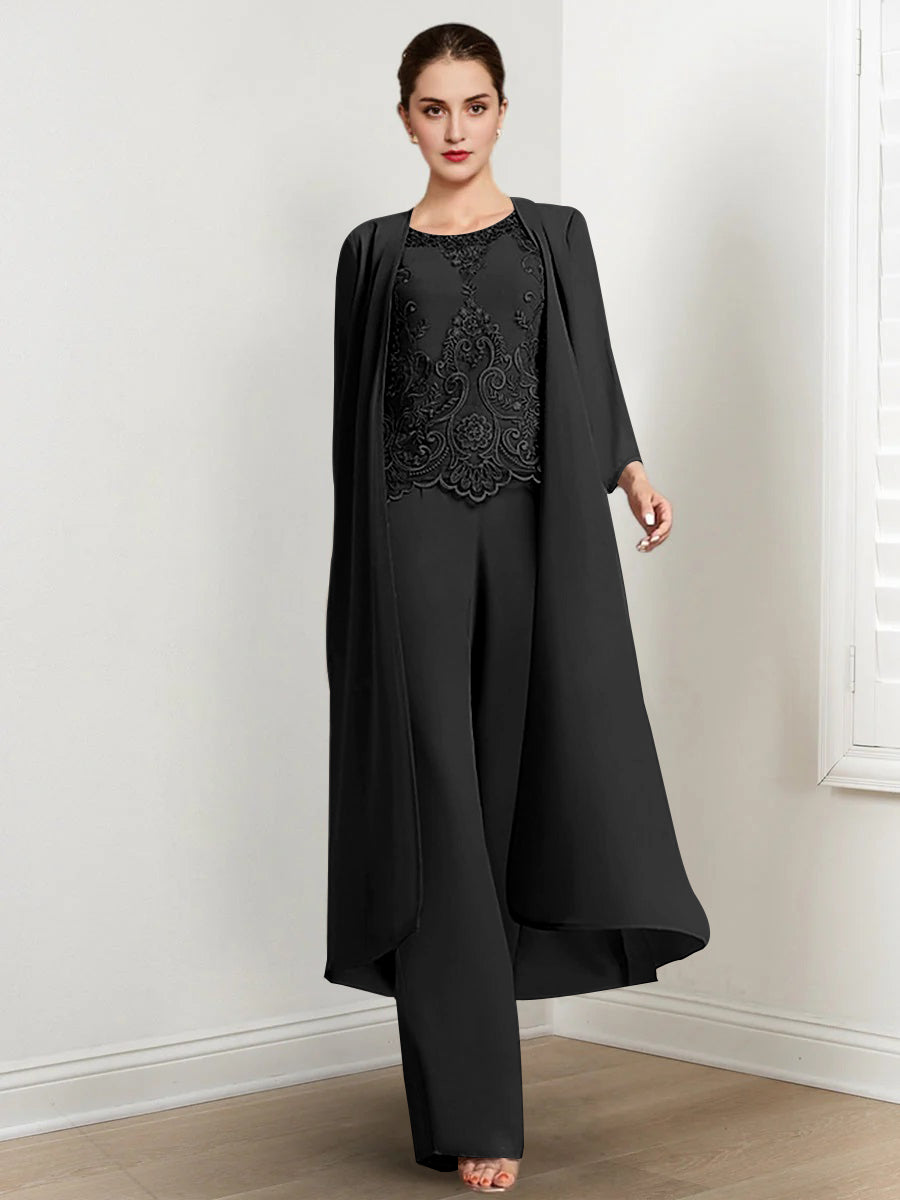 Floor-Length Round Neck Chiffon Pantsuits For The Mother Of The Bride With Jacket And Applique
