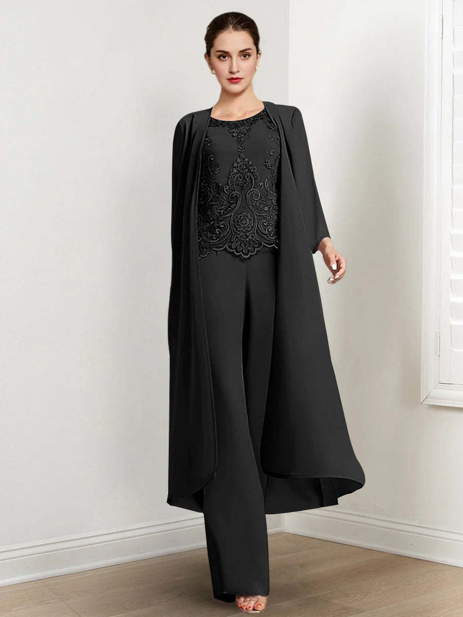 Floor-Length Round Neck Chiffon Pantsuits For The Mother Of The Bride With Jacket And Applique