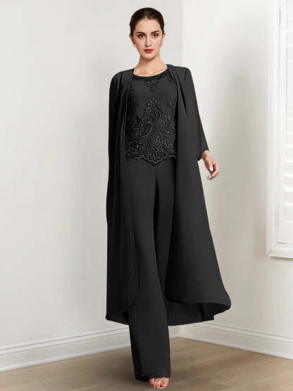 Floor-Length Round Neck Chiffon Pantsuits For The Mother Of The Bride With Jacket And Applique