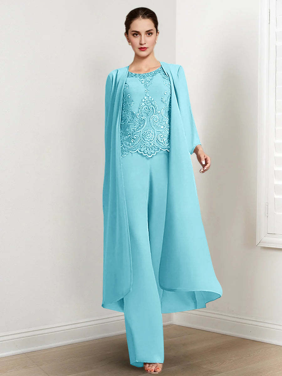 Floor-Length Round Neck Chiffon Pantsuits For The Mother Of The Bride With Jacket And Applique