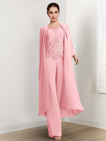 Floor-Length Round Neck Chiffon Pantsuits For The Mother Of The Bride With Jacket And Applique