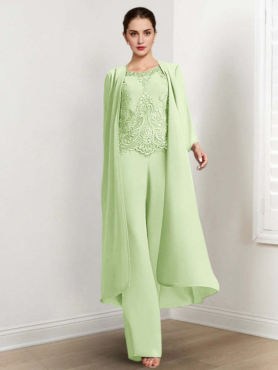 Floor-Length Round Neck Chiffon Pantsuits For The Mother Of The Bride With Jacket And Applique