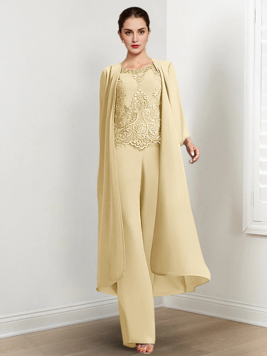 Floor-Length Round Neck Chiffon Pantsuits For The Mother Of The Bride With Jacket And Applique