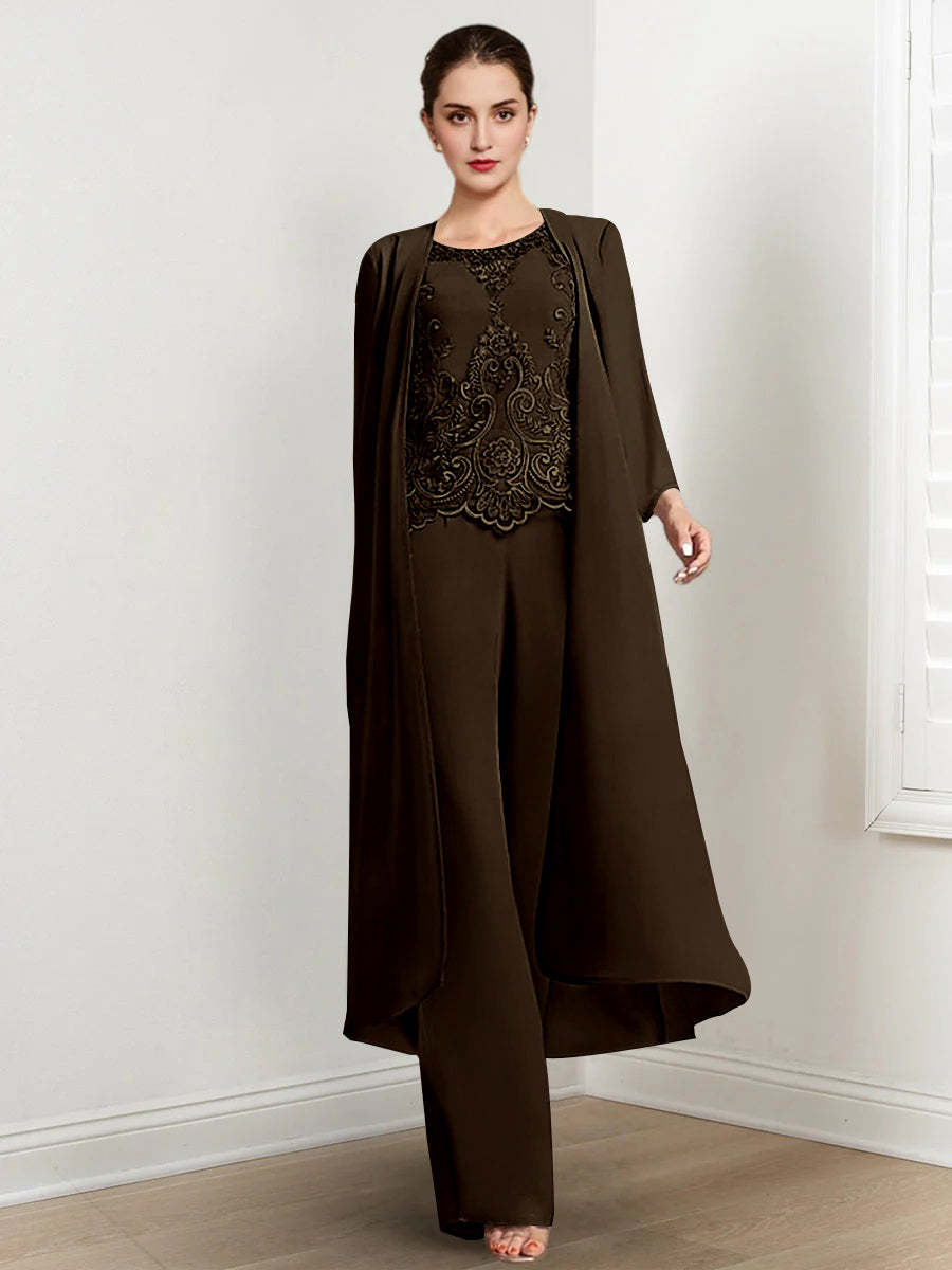 Floor-Length Round Neck Chiffon Pantsuits For The Mother Of The Bride With Jacket And Applique