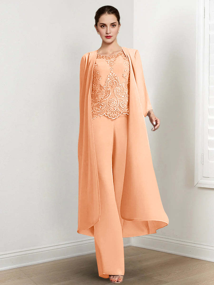 Floor-Length Round Neck Chiffon Pantsuits For The Mother Of The Bride With Jacket And Applique