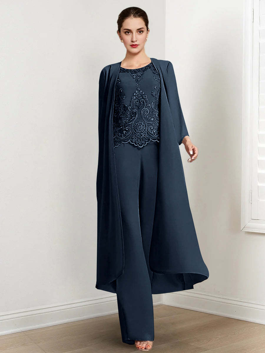 Floor-Length Round Neck Chiffon Pantsuits For The Mother Of The Bride With Jacket And Applique