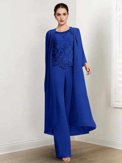 Floor-Length Round Neck Chiffon Pantsuits For The Mother Of The Bride With Jacket And Applique