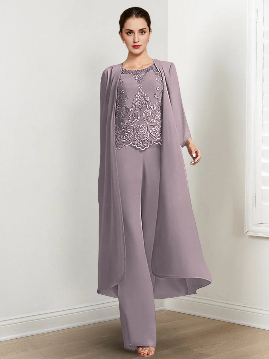 Floor-Length Round Neck Chiffon Pantsuits For The Mother Of The Bride With Jacket And Applique