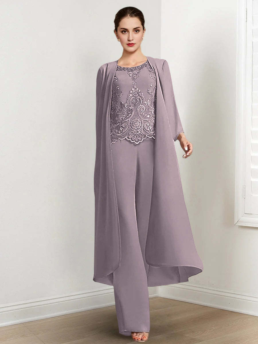 Floor-Length Round Neck Chiffon Pantsuits For The Mother Of The Bride With Jacket And Applique