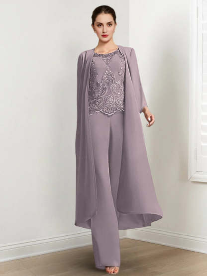 Floor-Length Round Neck Chiffon Pantsuits For The Mother Of The Bride With Jacket And Applique