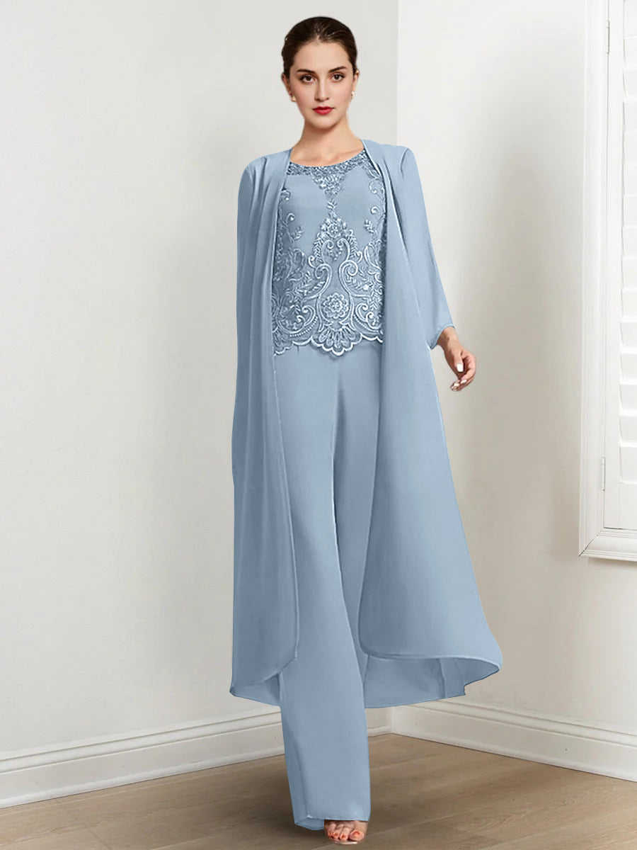 Floor-Length Round Neck Chiffon Pantsuits For The Mother Of The Bride With Jacket And Applique