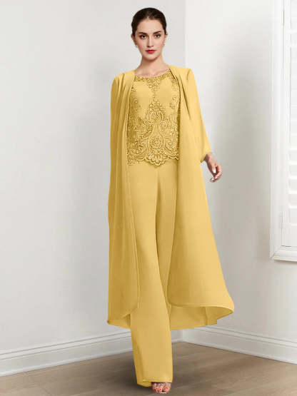 Floor-Length Round Neck Chiffon Pantsuits For The Mother Of The Bride With Jacket And Applique