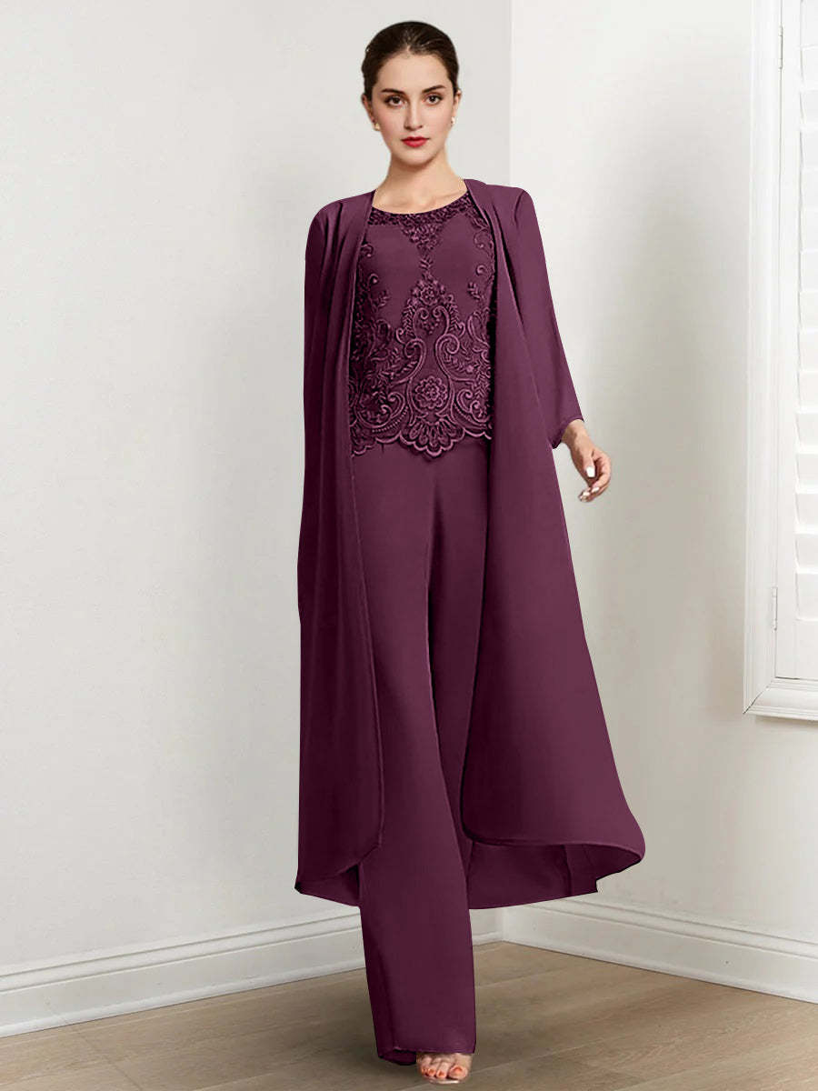 Floor-Length Round Neck Chiffon Pantsuits For The Mother Of The Bride With Jacket And Applique