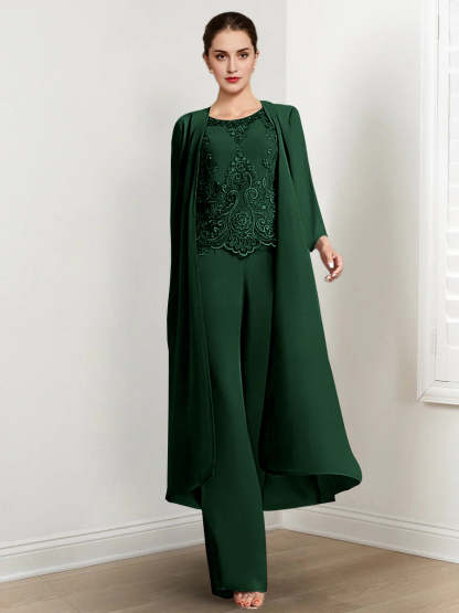 Floor-Length Round Neck Chiffon Pantsuits For The Mother Of The Bride With Jacket And Applique