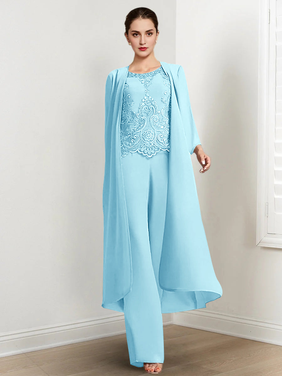 Floor-Length Round Neck Chiffon Pantsuits For The Mother Of The Bride With Jacket And Applique