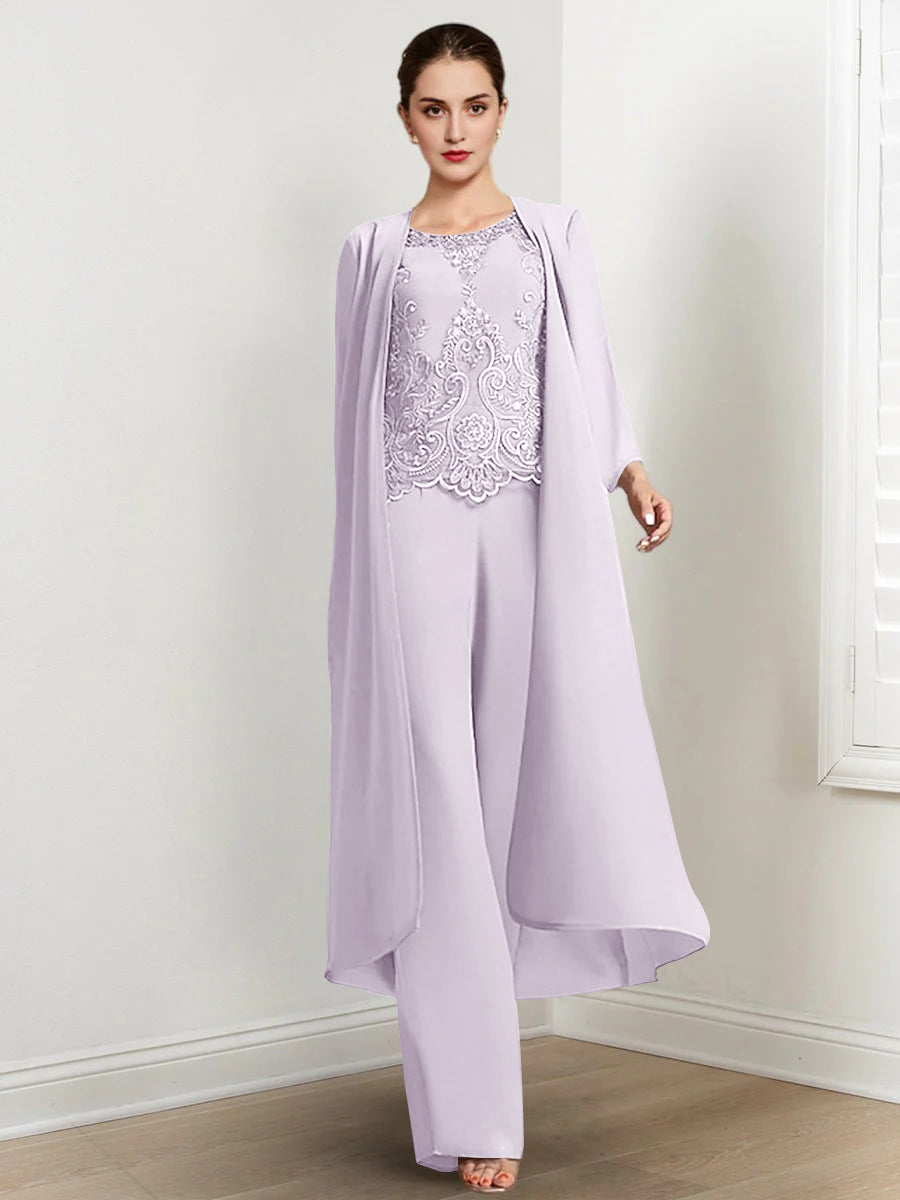 Floor-Length Round Neck Chiffon Pantsuits For The Mother Of The Bride With Jacket And Applique