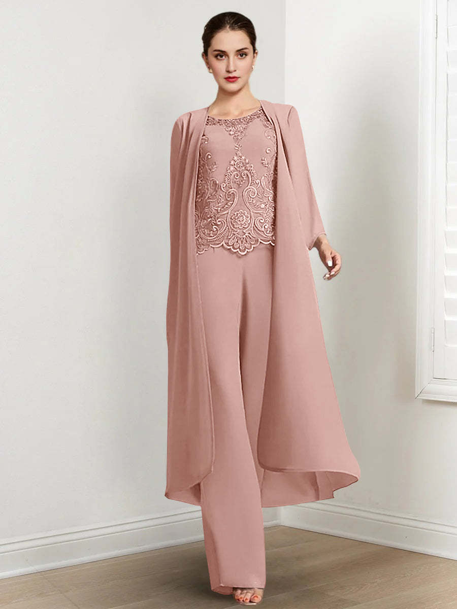 Floor-Length Round Neck Chiffon Pantsuits For The Mother Of The Bride With Jacket And Applique