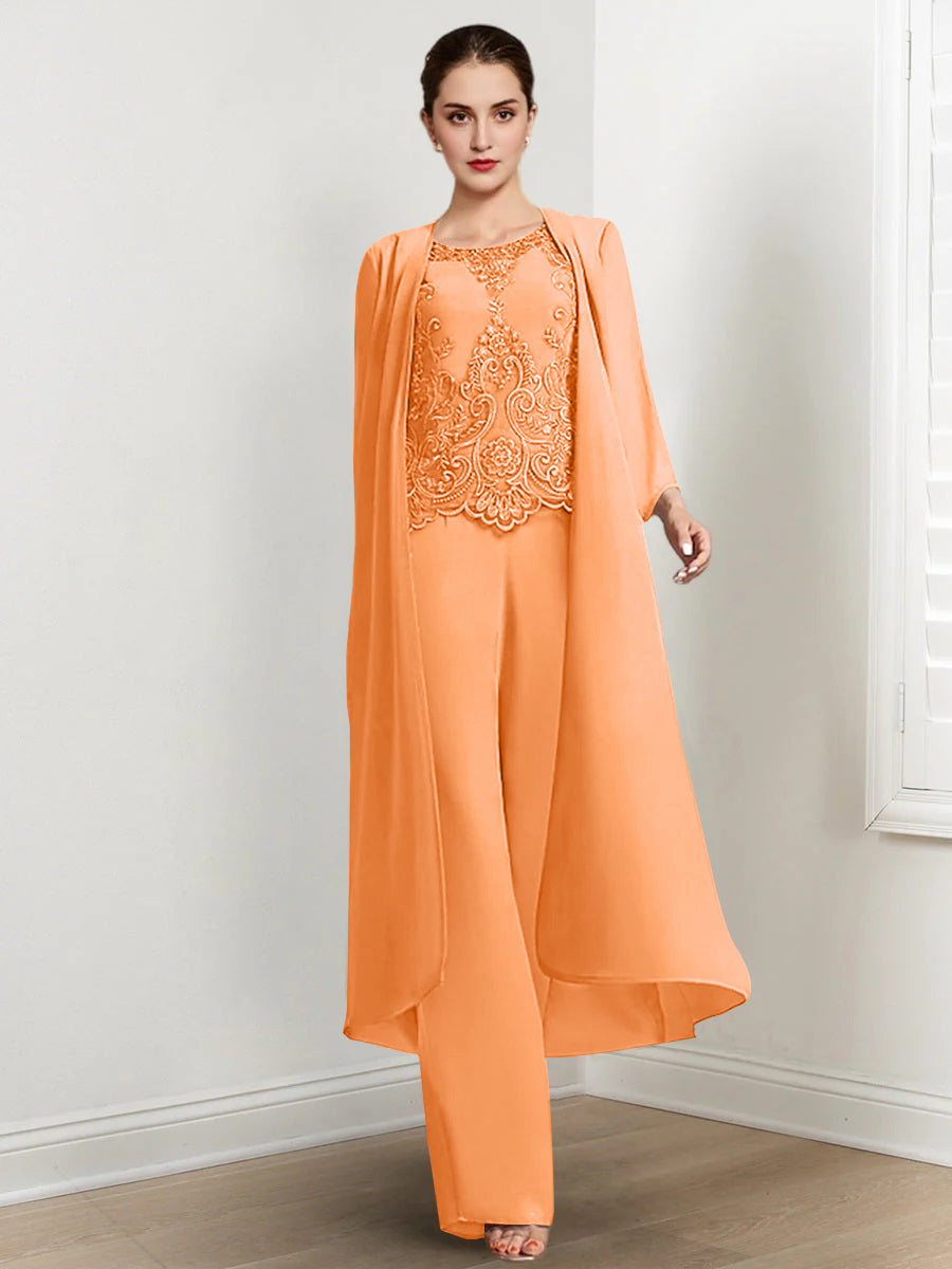 Floor-Length Round Neck Chiffon Pantsuits For The Mother Of The Bride With Jacket And Applique