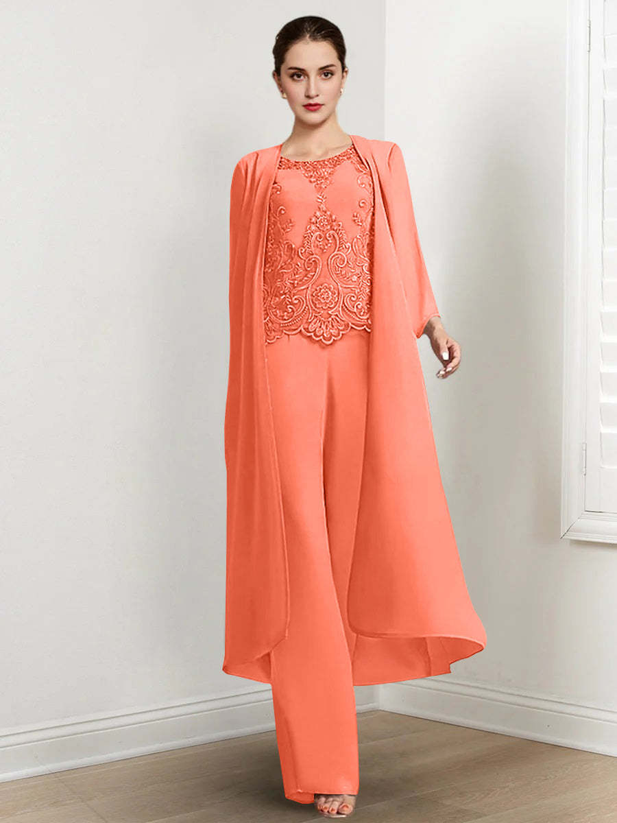 Floor-Length Round Neck Chiffon Pantsuits For The Mother Of The Bride With Jacket And Applique