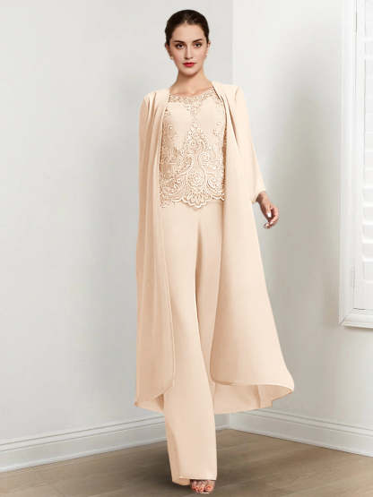 Floor-Length Round Neck Chiffon Pantsuits For The Mother Of The Bride With Jacket And Applique