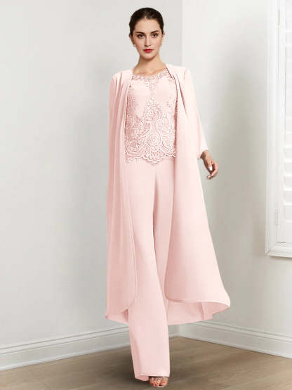 Floor-Length Round Neck Chiffon Pantsuits For The Mother Of The Bride With Jacket And Applique