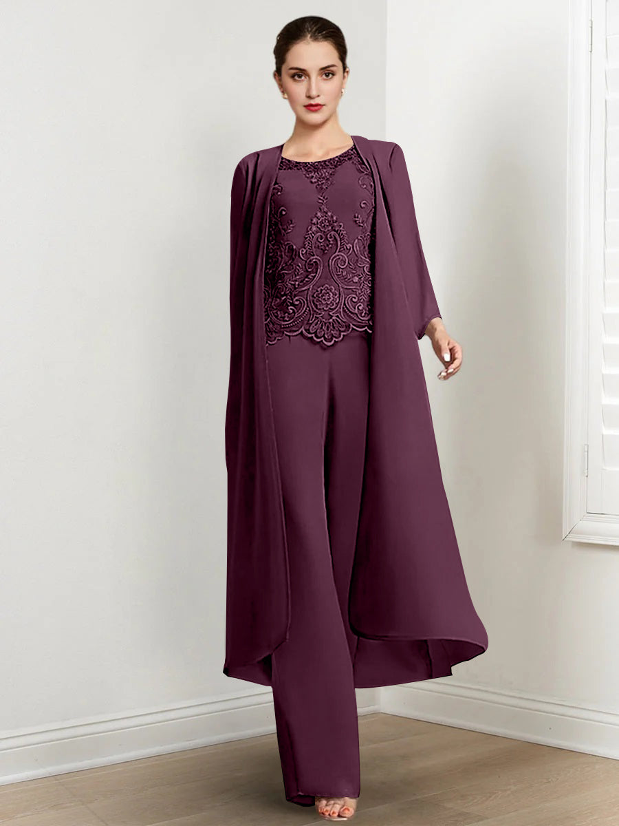 Floor-Length Round Neck Chiffon Pantsuits For The Mother Of The Bride With Jacket And Applique