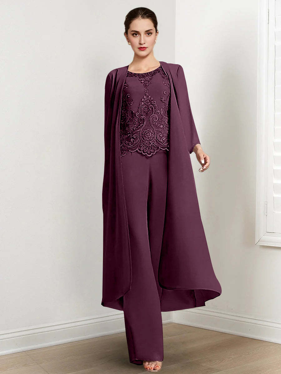 Floor-Length Round Neck Chiffon Pantsuits For The Mother Of The Bride With Jacket And Applique