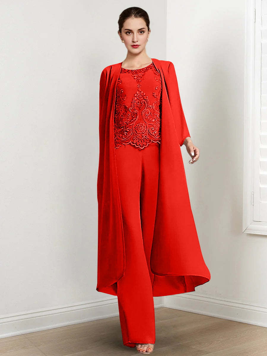 Floor-Length Round Neck Chiffon Pantsuits For The Mother Of The Bride With Jacket And Applique