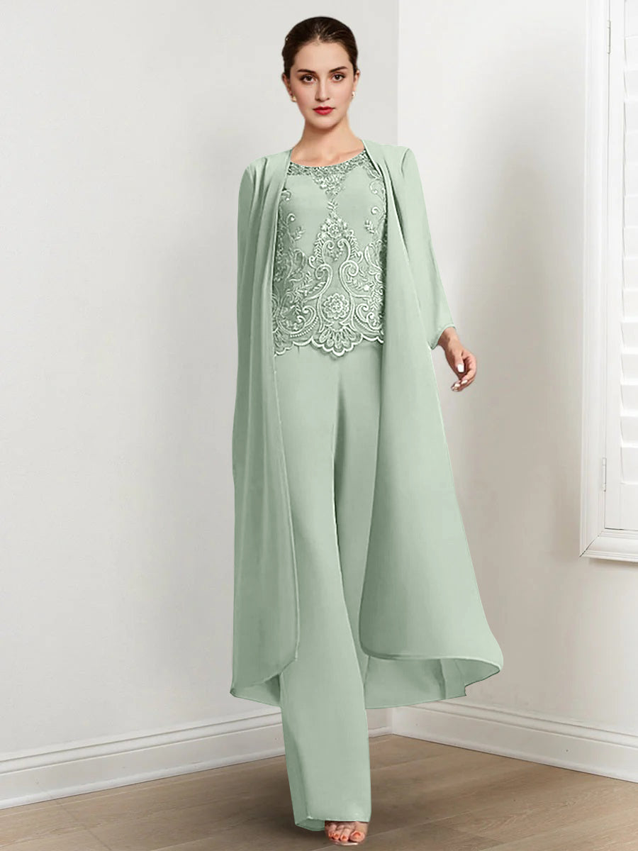 Floor-Length Round Neck Chiffon Pantsuits For The Mother Of The Bride With Jacket And Applique