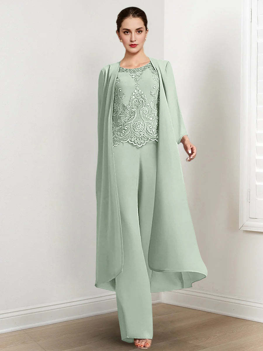 Floor-Length Round Neck Chiffon Pantsuits For The Mother Of The Bride With Jacket And Applique