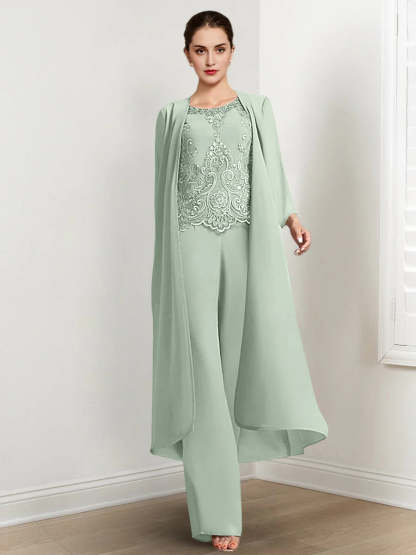 Floor-Length Round Neck Chiffon Pantsuits For The Mother Of The Bride With Jacket And Applique