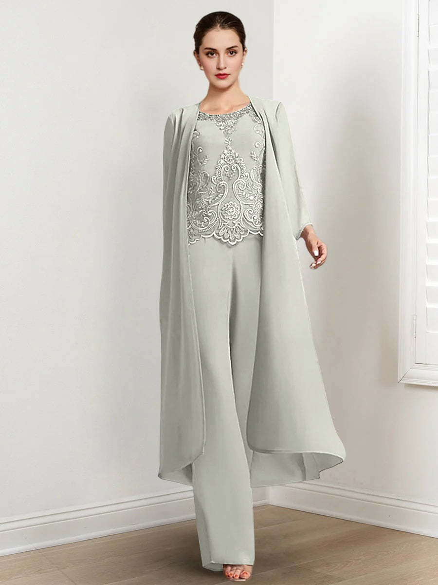 Floor-Length Round Neck Chiffon Pantsuits For The Mother Of The Bride With Jacket And Applique