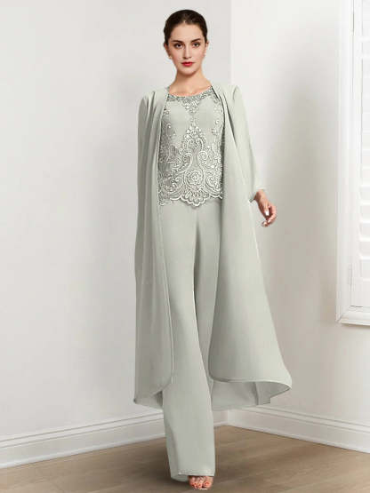 Floor-Length Round Neck Chiffon Pantsuits For The Mother Of The Bride With Jacket And Applique