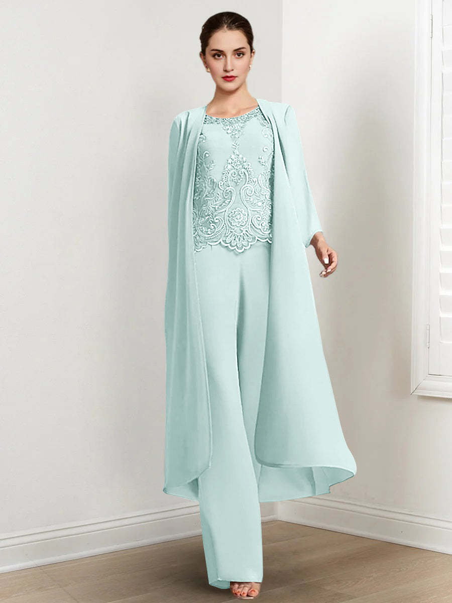 Floor-Length Round Neck Chiffon Pantsuits For The Mother Of The Bride With Jacket And Applique