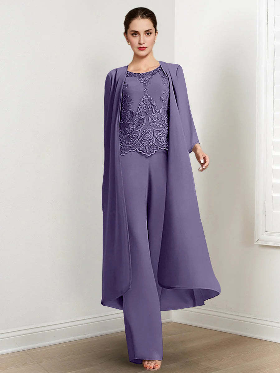 Floor-Length Round Neck Chiffon Pantsuits For The Mother Of The Bride With Jacket And Applique