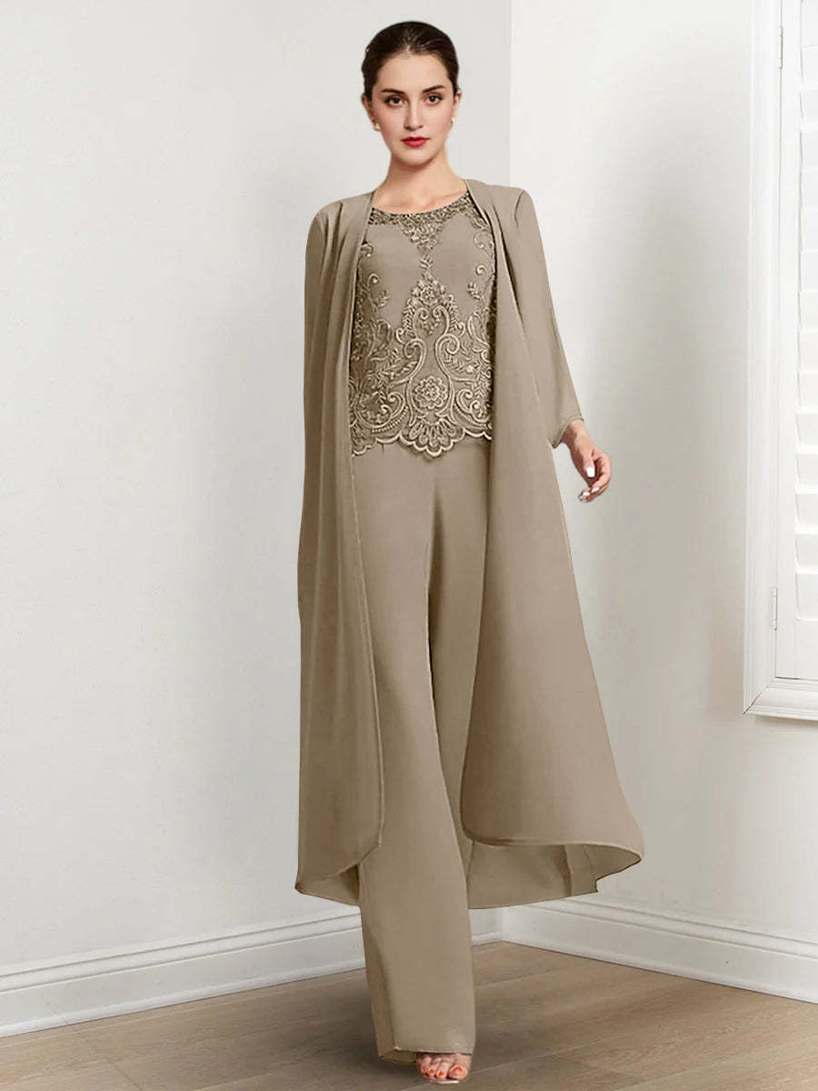 Floor-Length Round Neck Chiffon Pantsuits For The Mother Of The Bride With Jacket And Applique