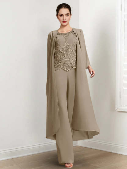 Floor-Length Round Neck Chiffon Pantsuits For The Mother Of The Bride With Jacket And Applique